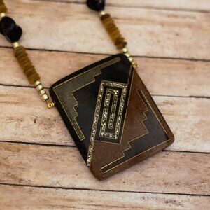 24 inch, Vintage Geometric Statement Pendant Brown Beads Necklace - X26